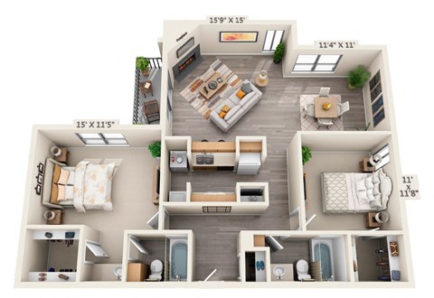 This is a 3D floor plan of a 1245 square foot 2 bedroom, 2 bath apartment at Cambridge Court Apartments in Dallas, TX.